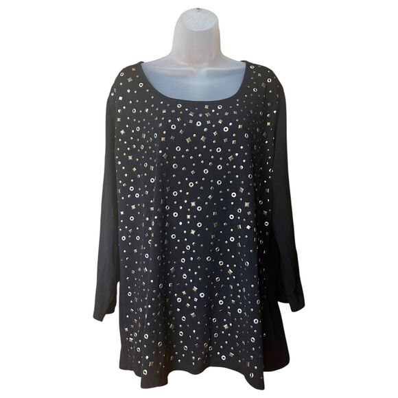 DG by Diane Gilman Black Studded Scoop Neck Top Sz 1X Long Sleeves Mixed Metals - Picture 10 of 10